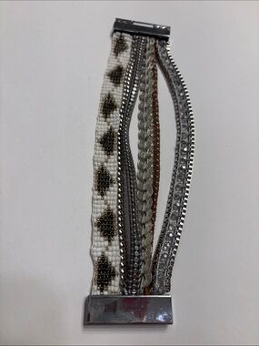 Victoria Emerson White and Gold Multi-Strand Beaded and Chain Bracelet